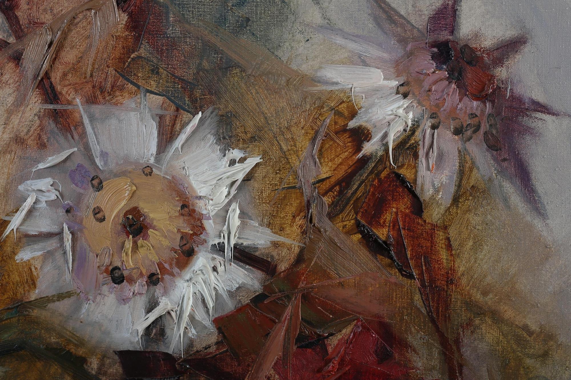 Artwork by Beppi Grimani, Still life of pinks and other summer flowers held in a vase, Made of impasto oil on canvas