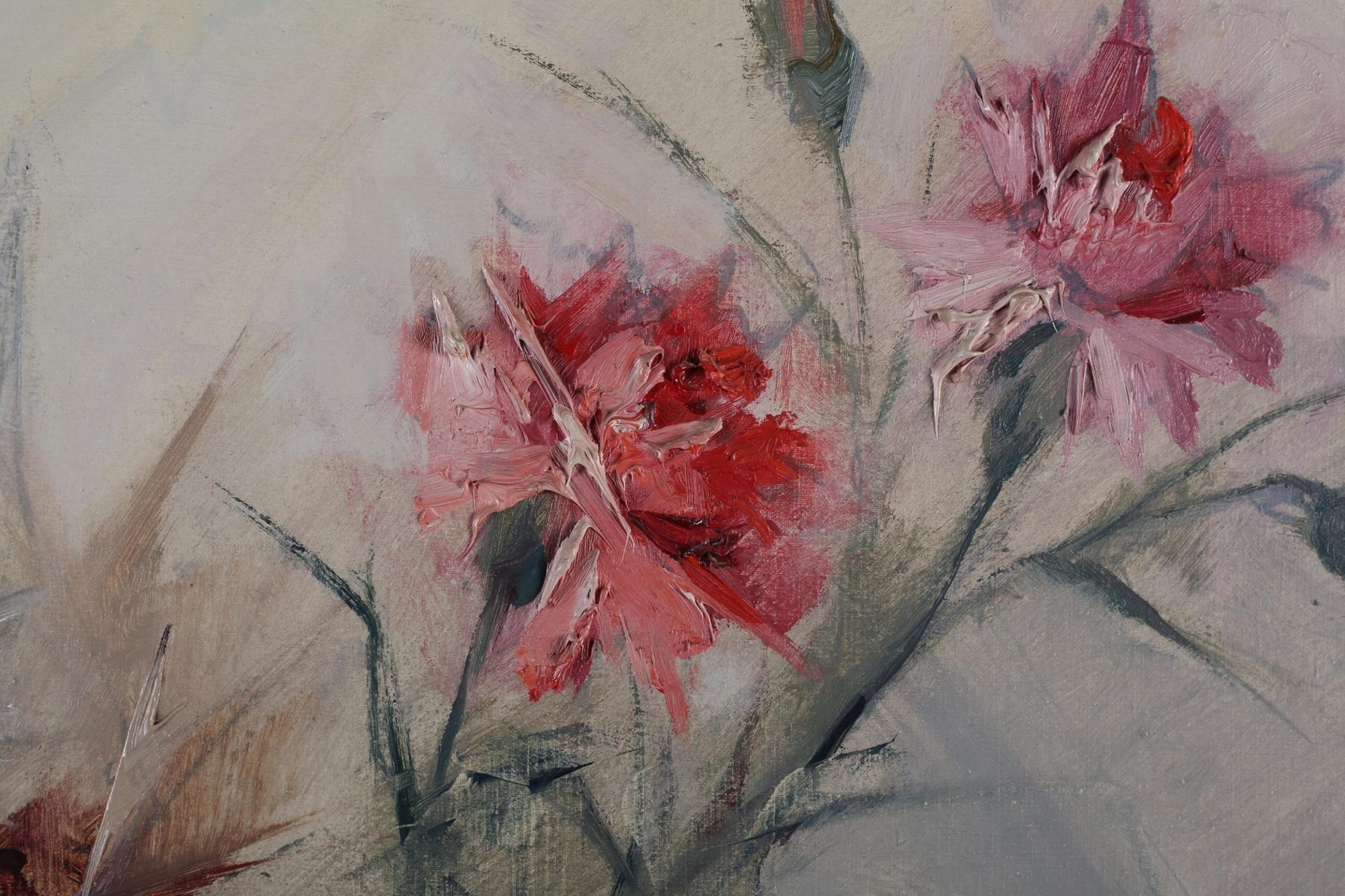 Artwork by Beppi Grimani, Still life of pinks and other summer flowers held in a vase, Made of impasto oil on canvas