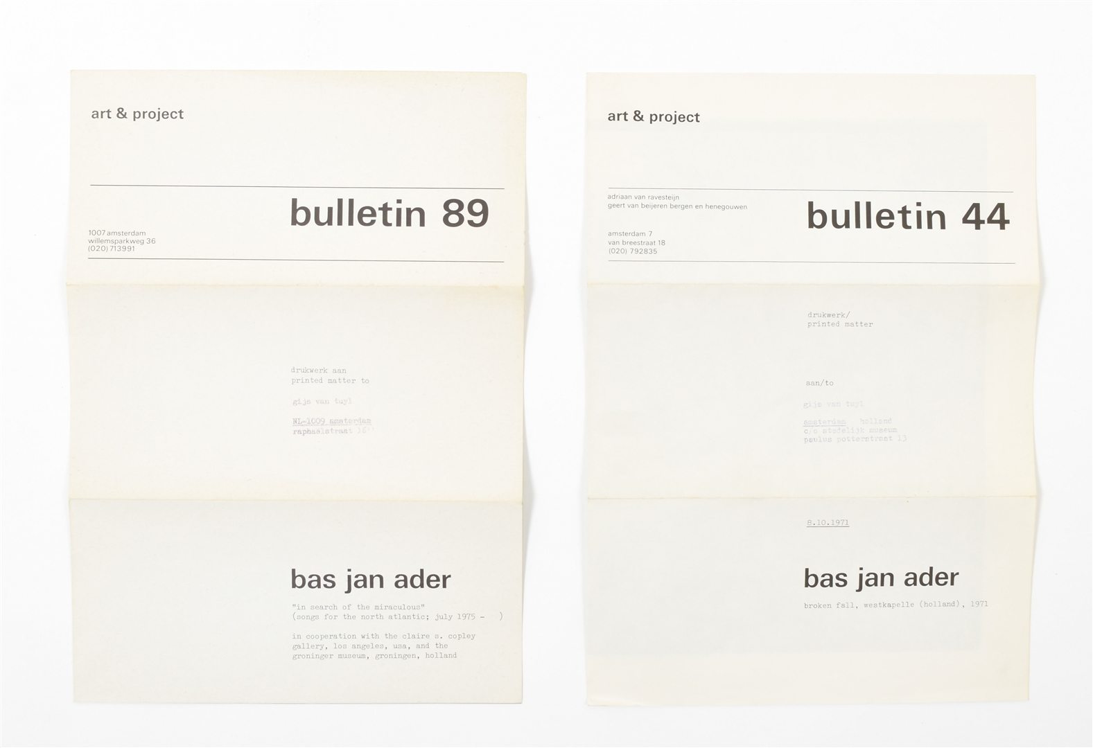 Artwork by Bas Jan Ader, Bas Jan Ader, two Art & Project bulletins, Made of illustration