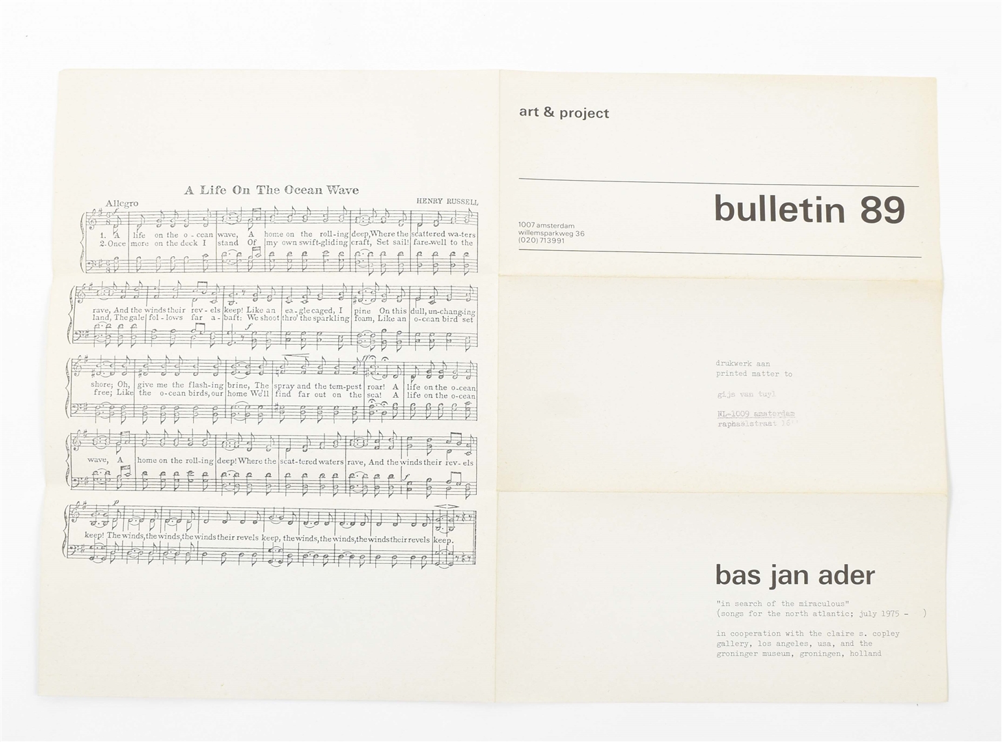 Artwork by Bas Jan Ader, Bas Jan Ader, two Art & Project bulletins, Made of illustration