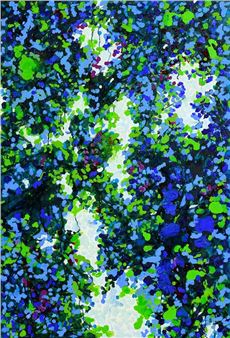 A vibrant abstract composition of foliage rendered in a digital pointillist style.