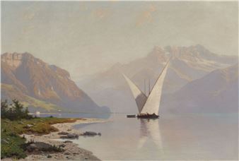 Voilier sur le Lac Léman avec vue sur les Dents-du-Midi - Louis-Auguste Veillon