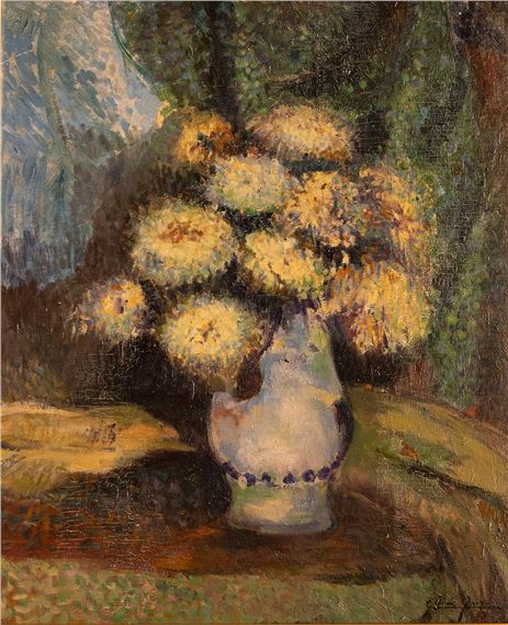 A still life of a vase with yellow flowers on a textured surface.