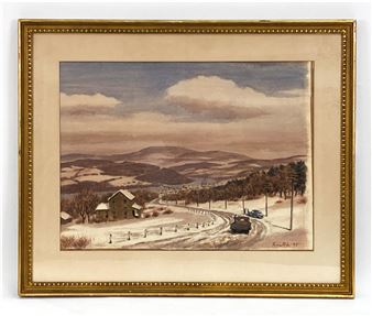 New England scene, view of river valley with car and truck in the foreground - Fermin Rocker