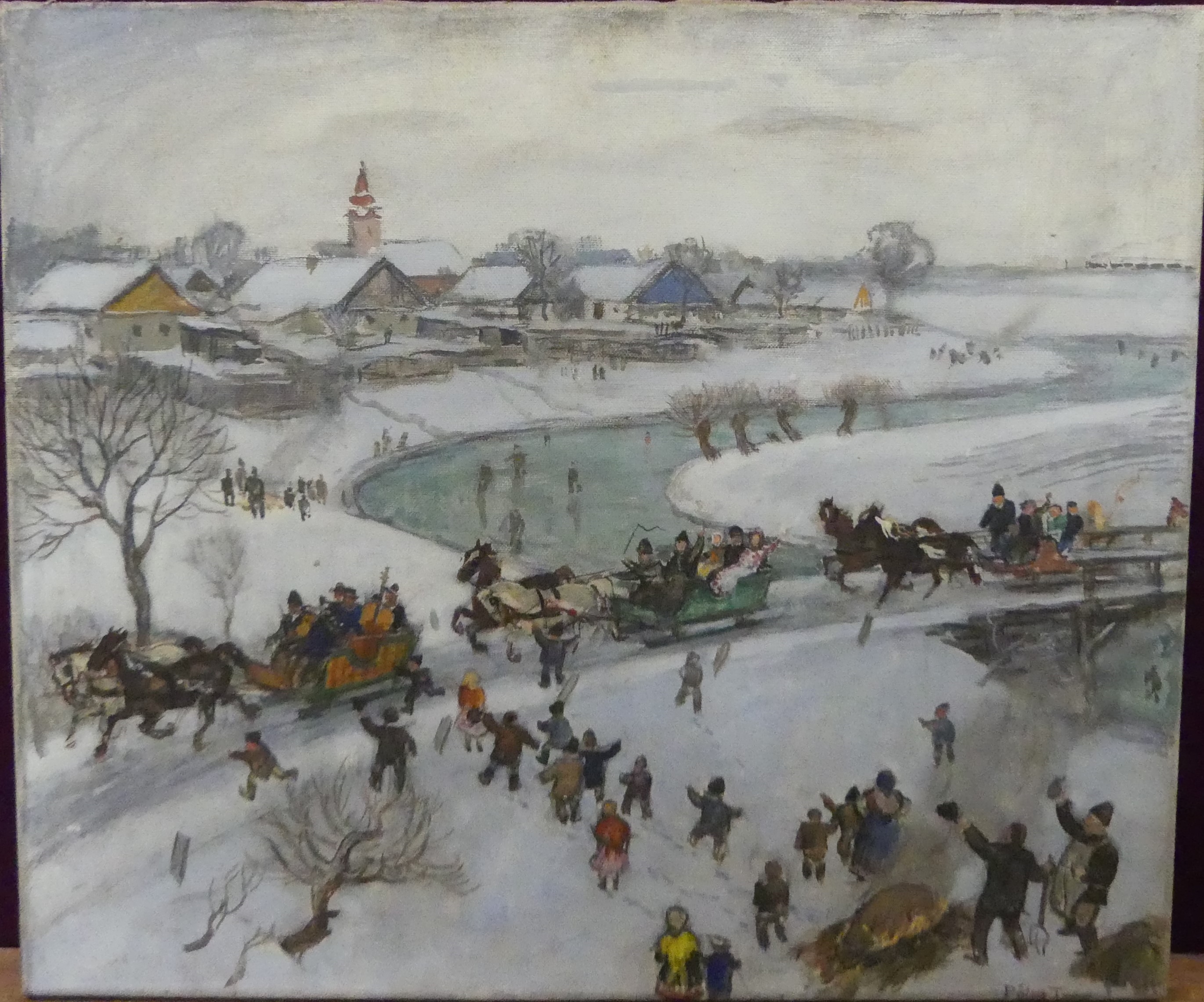 - Continental scene; playing in the snow with chariot and buildings beyond - Tibor Polya