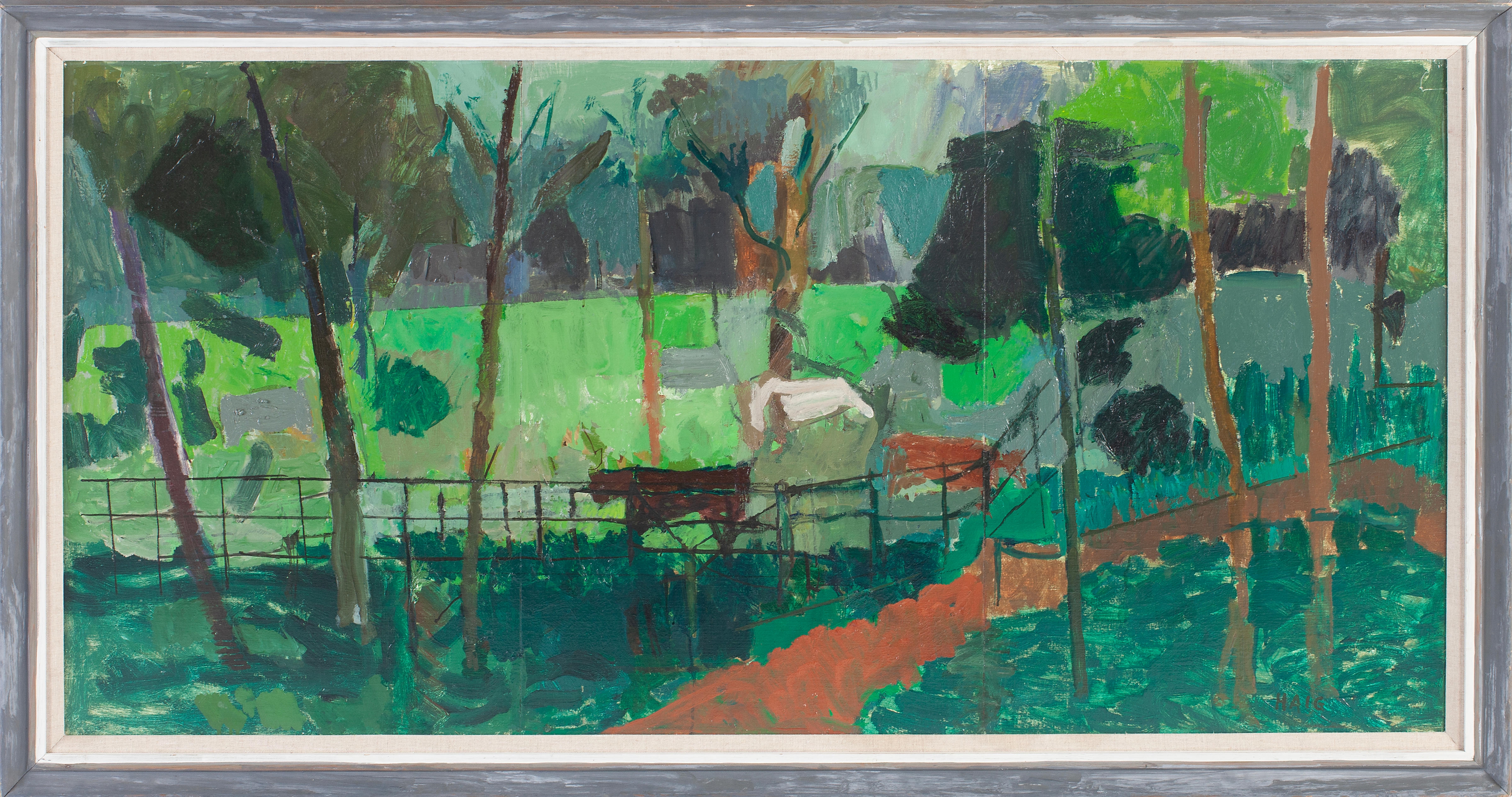 Artwork by Earl George Alexander Eugene Douglas Haig, Lodge Park with cattle, Made of oil on canvas, laid on board