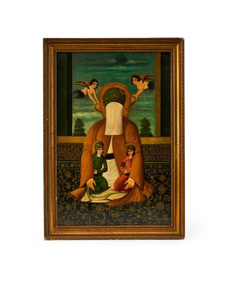 AN OIL ON CANVAS PORTRAIT OF IMAM ALI WITH HASAN & HUSAYN by Persian School, 19th Century, 19TH CENTURY