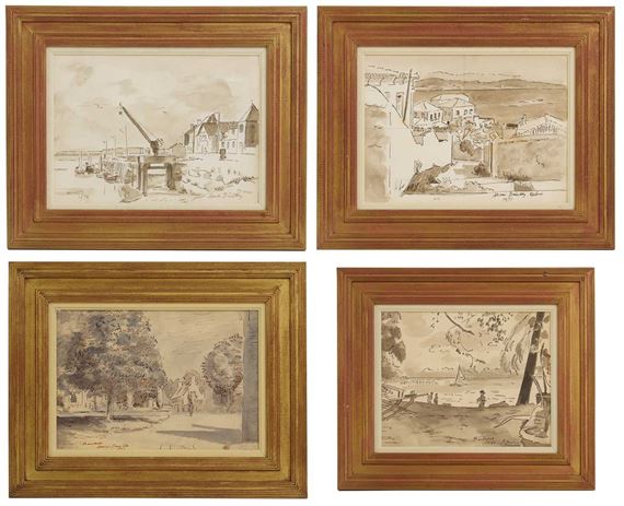 A collection of four framed landscape sketches depicting rural scenes with water and architecture.