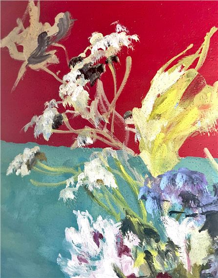 Still life with flowers in front of red wall by Dimitri‏ Dmitriévitch Bouchène 