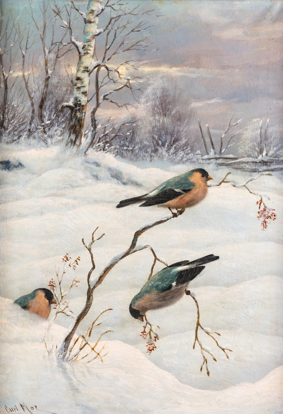 Artwork by Carl Moe, Tre dompapper i snelandskap, Made of oil on canvas