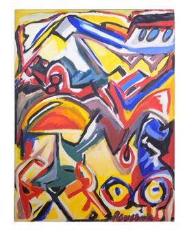 Abstraction couleurs primaires Huile sur toile Signée en bas à droite 130 - Francoise Roussel