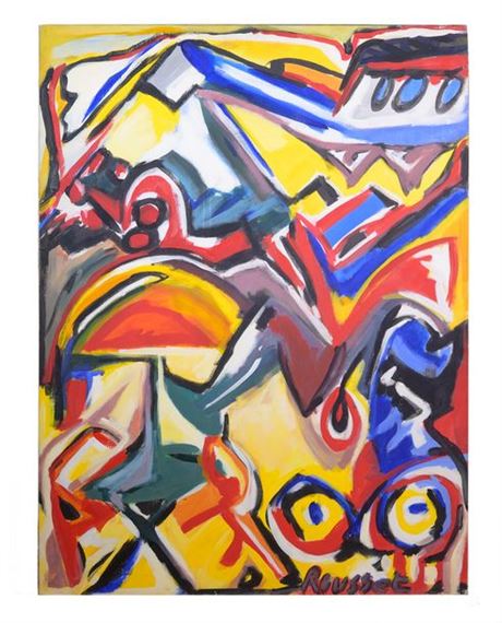 Abstraction couleurs primaires Huile sur toile Signée en bas à droite 130 - Francoise Roussel