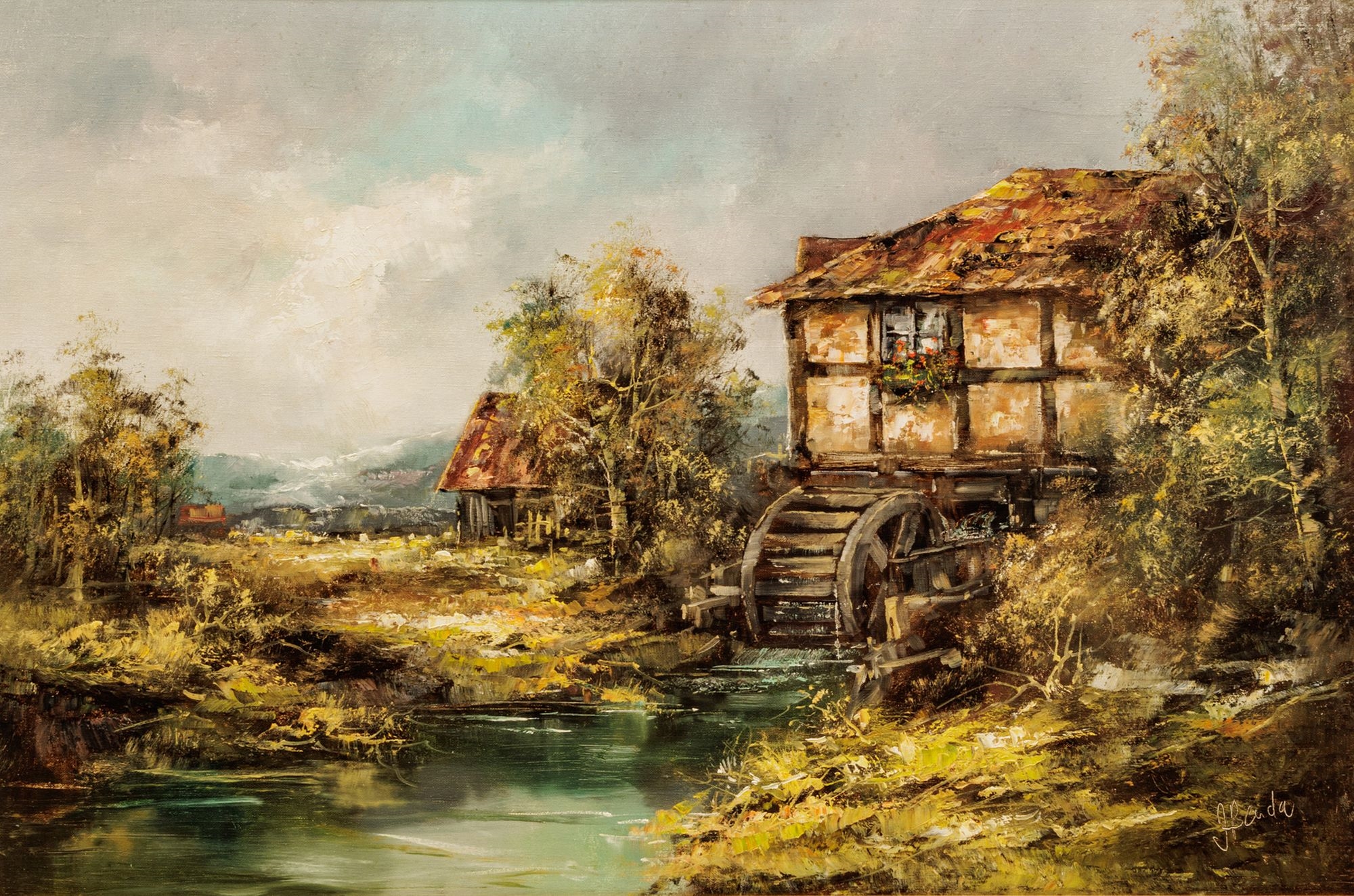 Artwork by Josef Benda, Josef Benda Oil on Canvas "Watermill", H 24" W 36", Made of Oil on Canvas