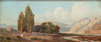 Paul-Emile Miot (Contre Amiral Miot) (French, 1827-1900) Oil on Mahogany Panel Ca. 1880s, &quot;Tunisian Landscape&quot;, H 5.25&quot; W 12.5&quot; - Paul-Émilie Miot