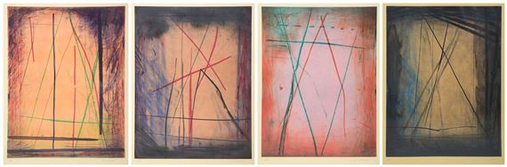 A four-panel abstract artwork featuring geometric lines and warm color gradients.
