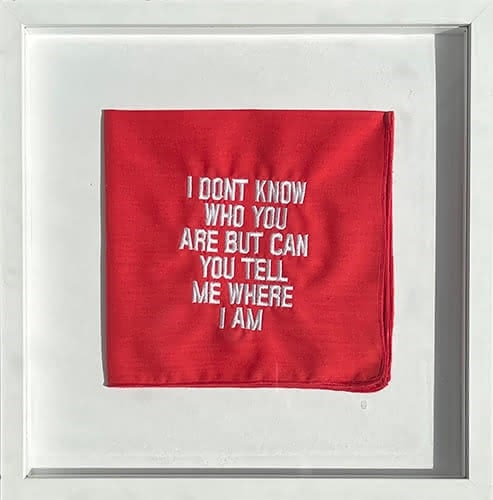 Artwork by Rose Nolan, I Don't Know Who You Are But Can You Tell Me Where I Am?, Made of Embroidery cotton on cotton Embroidery cotton on cotton