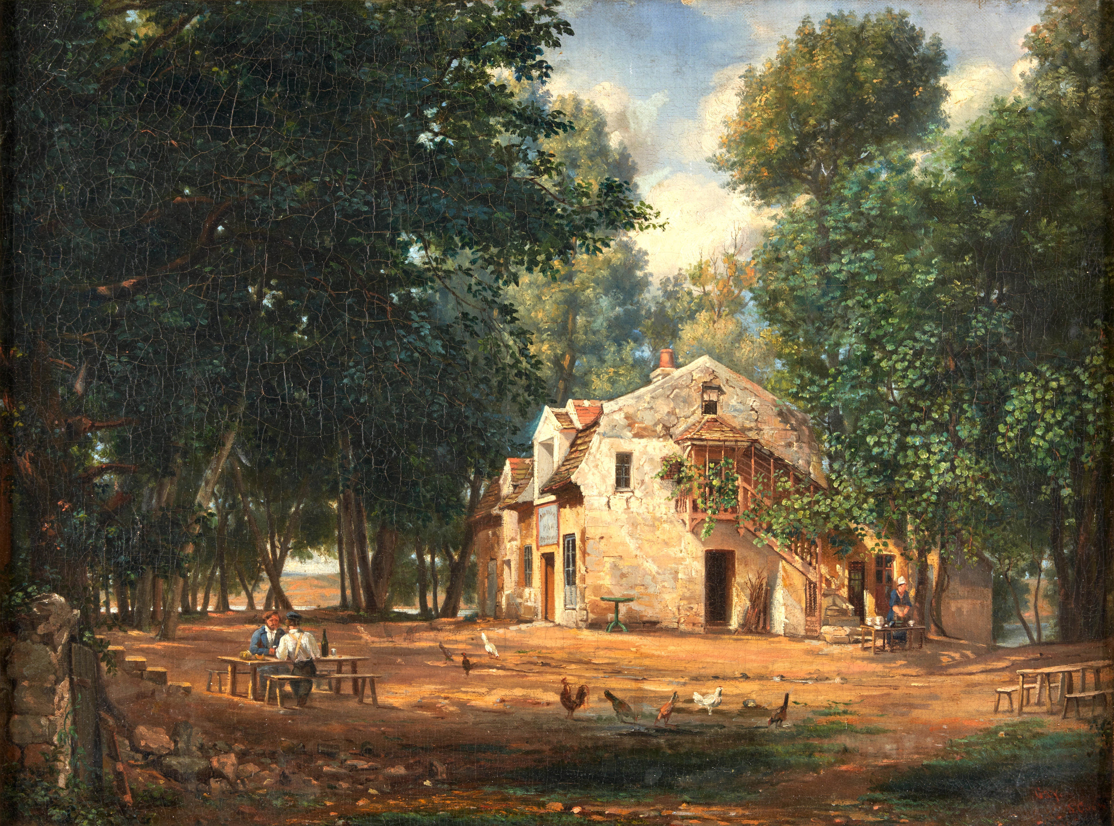 Artwork by Winckworth Allan Gay, FRENCH INN WITH TRAVELERS AND CHICKENS, Made of oil on canvas