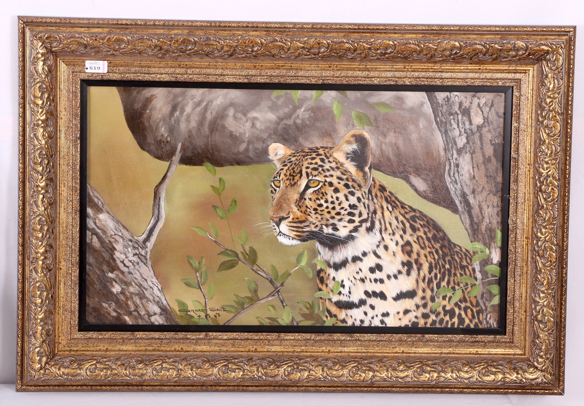 Artwork by Gerhard Smit, LEOPARD IN A TREE, Made of oil on canvas on board