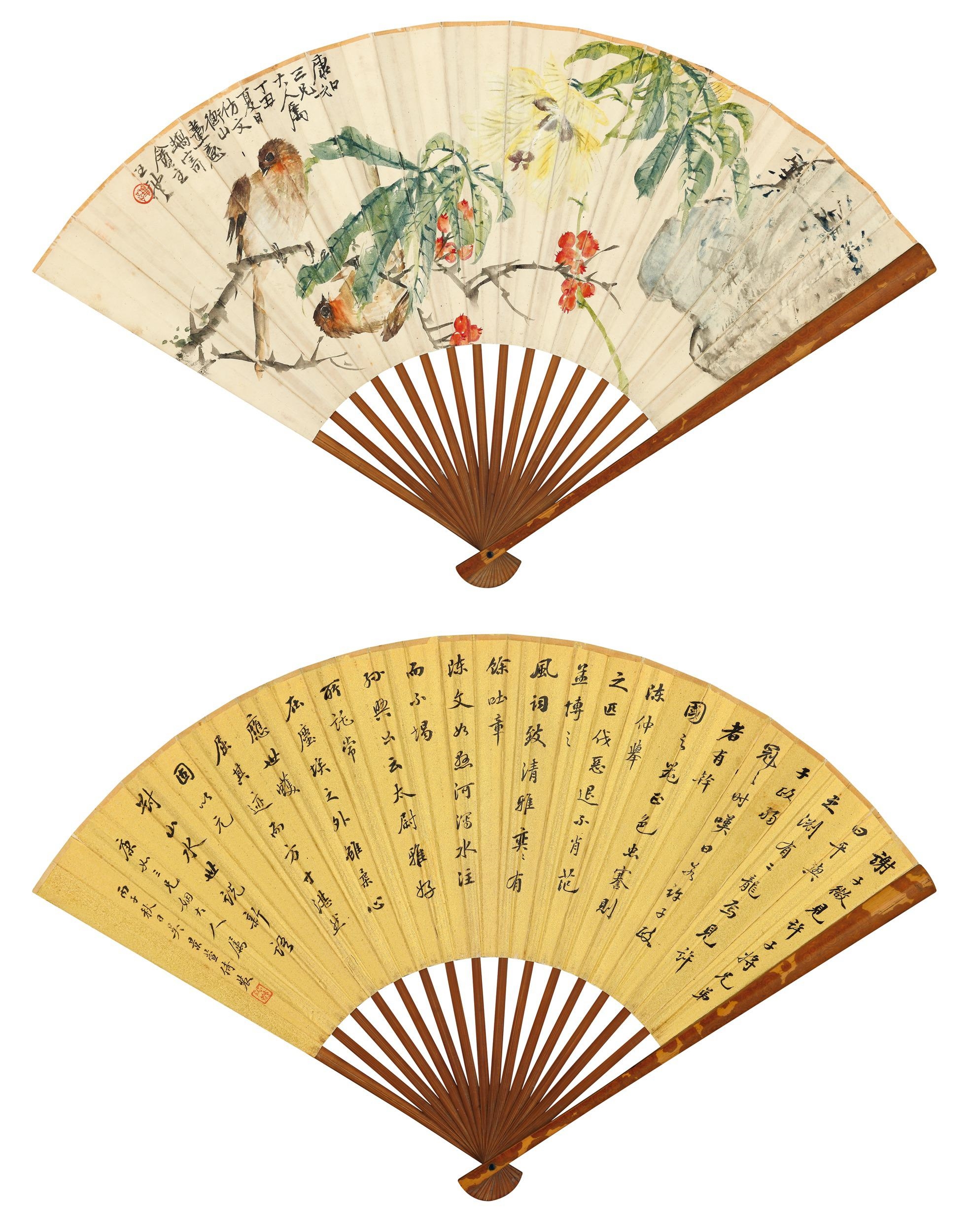 Artwork by Wang Li, WU Jingxuan, BIRD AND FLOWERS, Made of fan, ink and color on paper, ink on gold-flecked paper