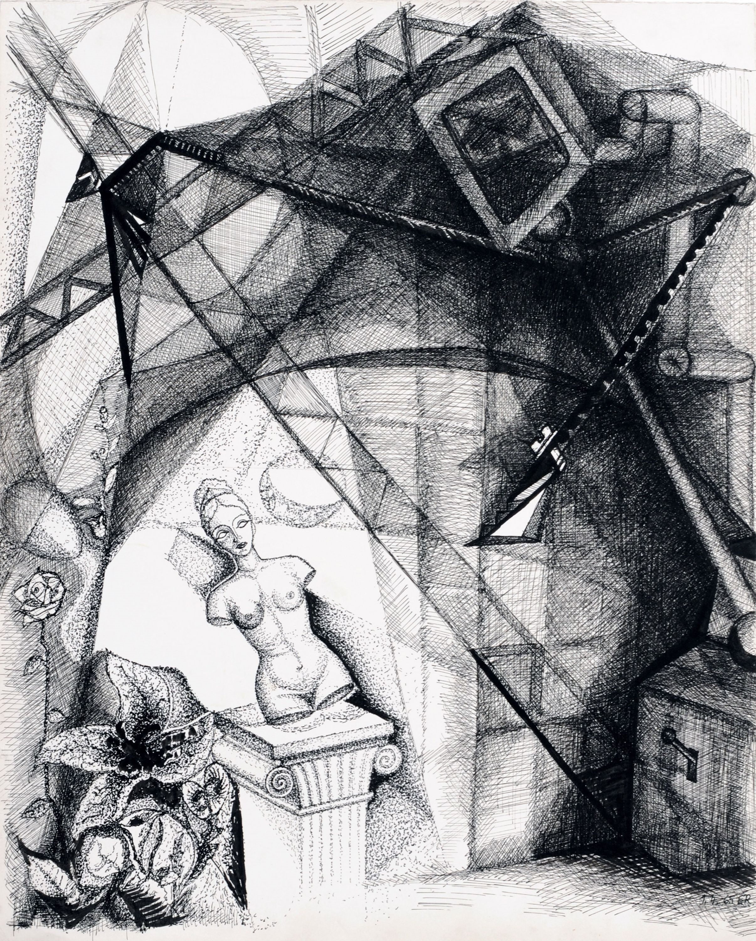 Artwork by Elly Reichel, Technik bedroht die Musen, Made of Pen and brush drawing in ink