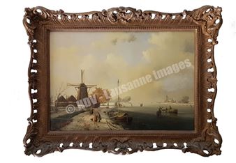 Paysage animée à la rivière gelée - A. J. F. de Groote