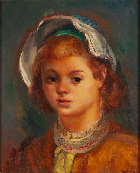 A portrait of a young girl with reddish hair and a white bonnet, rendered in soft pastel tones against a dark background.