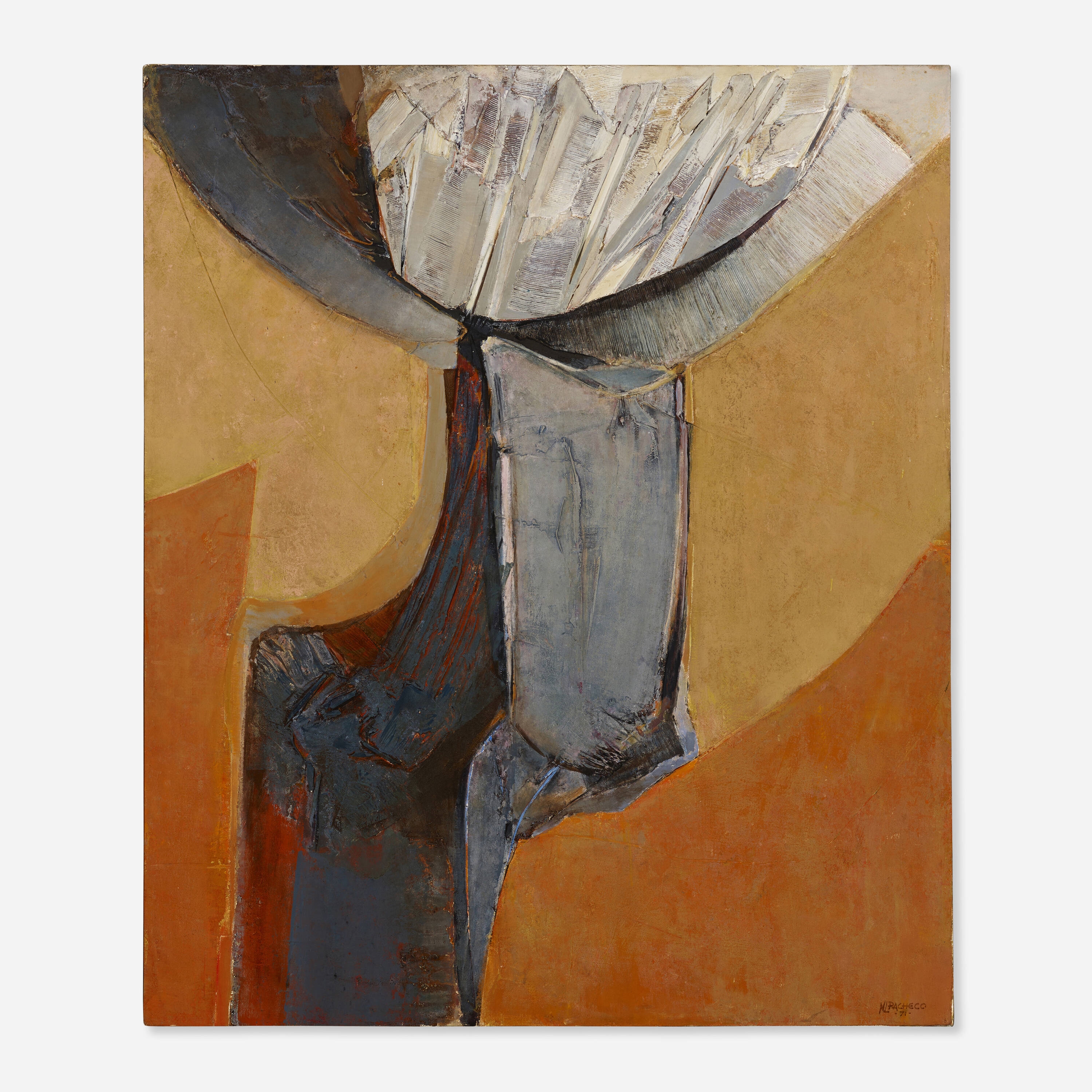 María Luisa Pacheco, Megalith, 1971: forma vertical gris y oscura rodeada de planos ocres, beige y rojizos