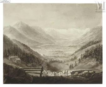 Un montage comprenant deux dessins (recto-verso), une vue animée de la vallée de Martigny et une vue d’une église dans un paysage montagneux près de Martigny - Claude Victor  de Boissieu