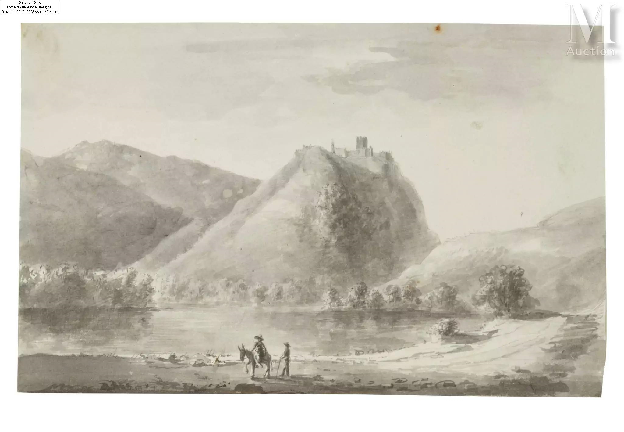 Artwork by Claude Victor  de Boissieu, Une vue du château de Gourdouillon à Sion et une vue de la prison et du fort de Gourdouillon à Sion, Made of Brown wash over black pencil line