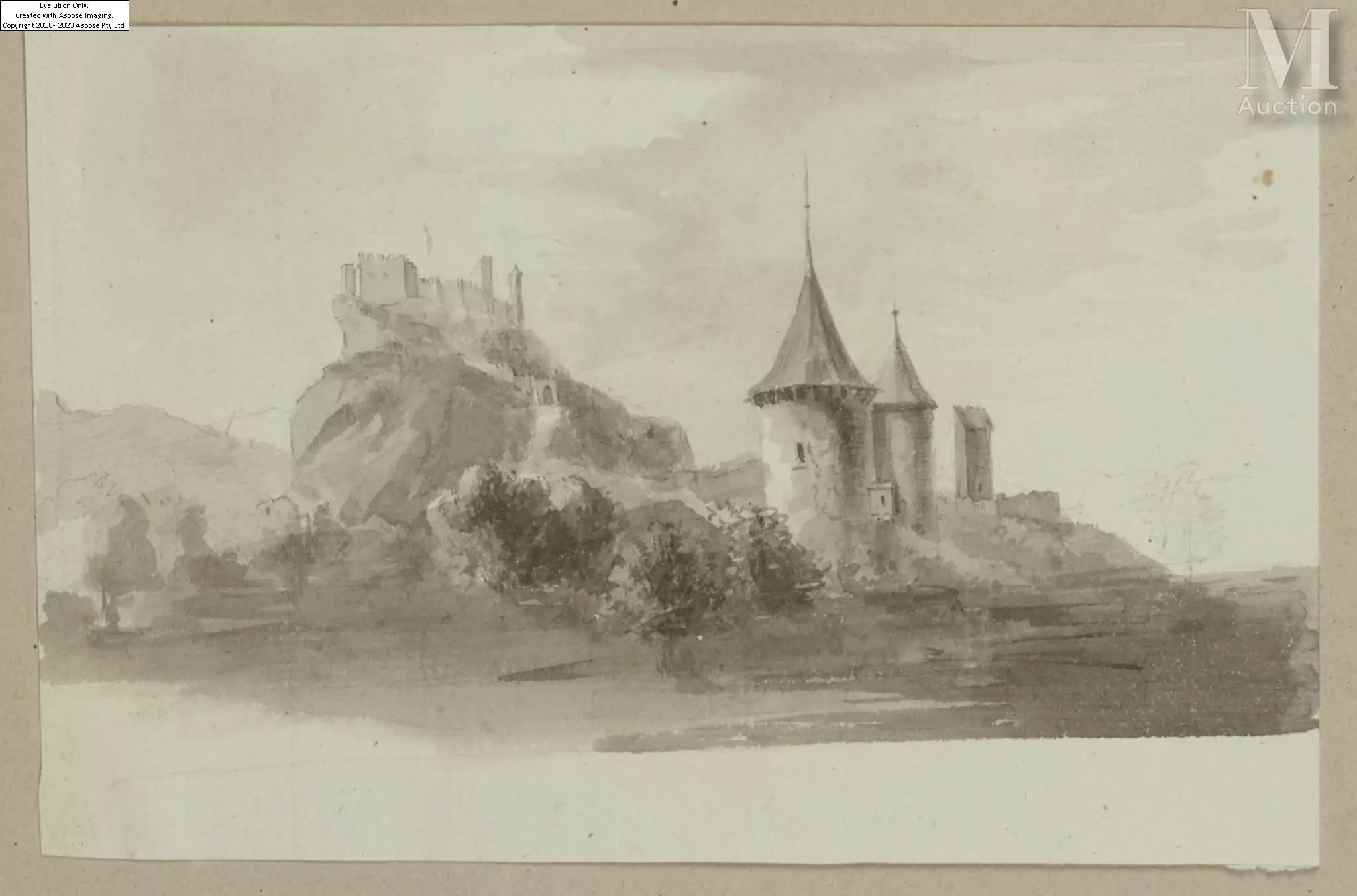 Artwork by Claude Victor  de Boissieu, Une vue du château de Gourdouillon à Sion et une vue de la prison et du fort de Gourdouillon à Sion, Made of Brown wash over black pencil line