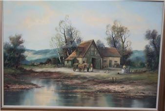 "Farm with figure scenery at a lake" - H. Feldmann