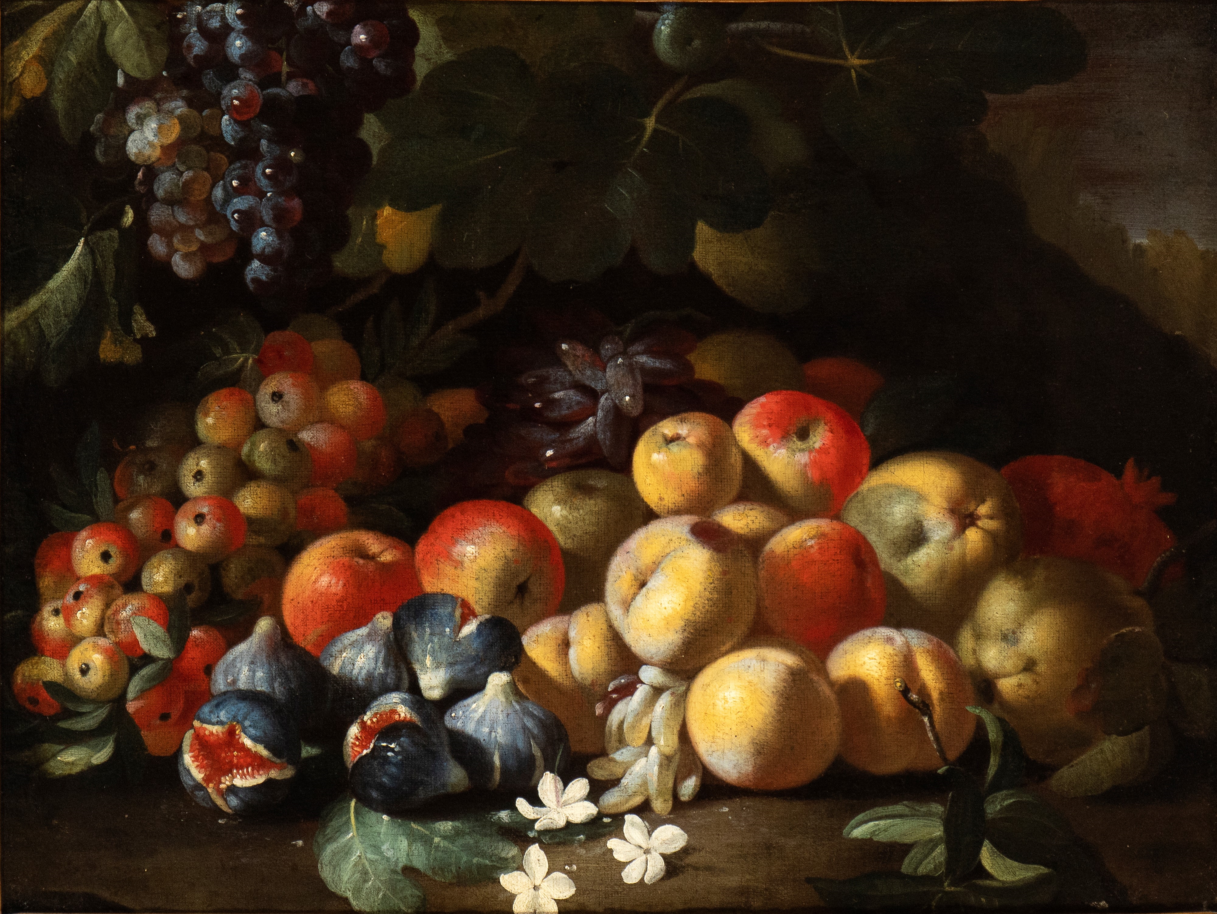 Artwork by Luca Forte, Still life of apples, peaches, grapes and figs, Made of Oil on canvas