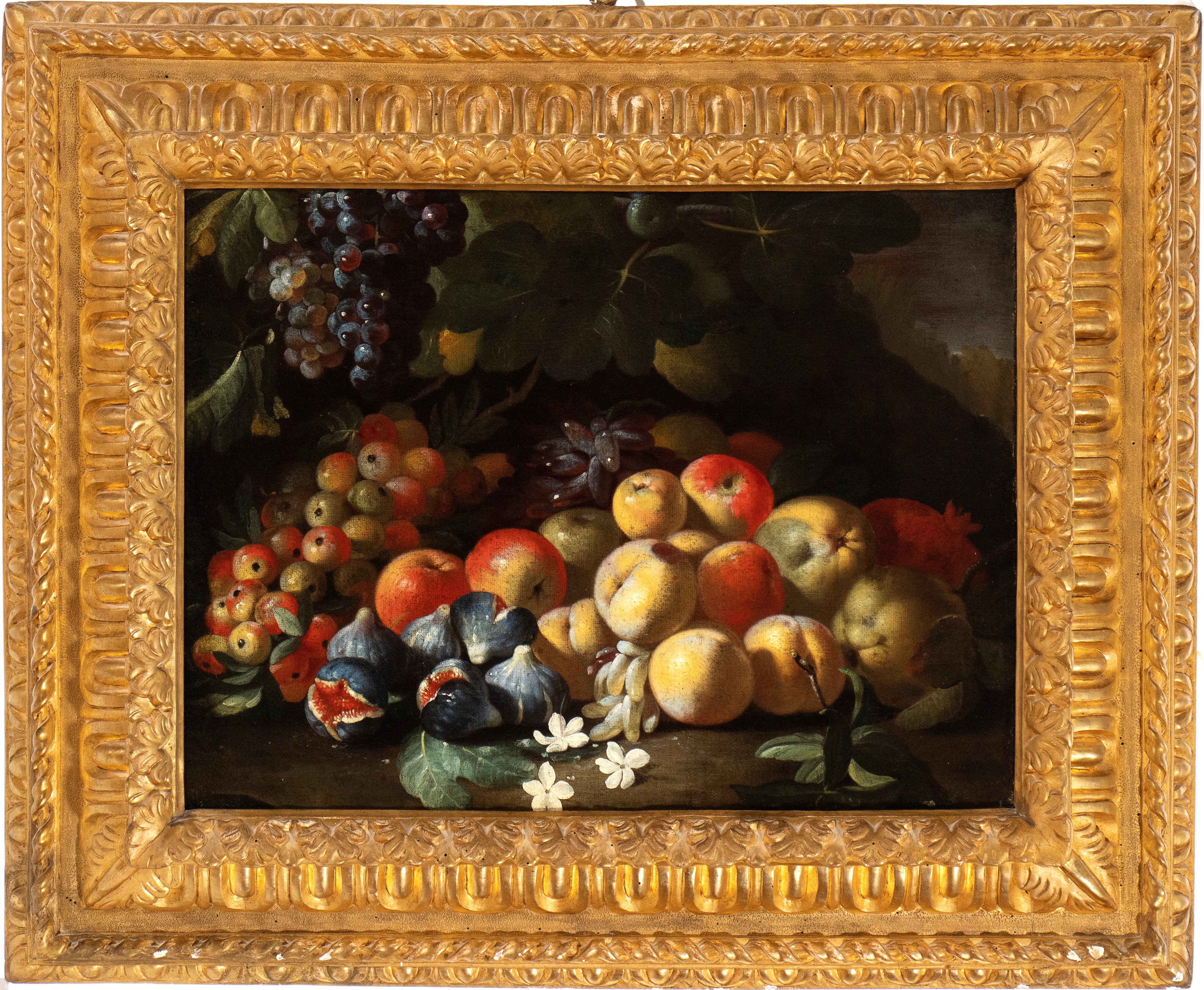 Artwork by Luca Forte, Still life of apples, peaches, grapes and figs, Made of Oil on canvas