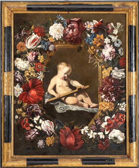 Flemish School 17th Century | Flower garland with baby Jesus ...