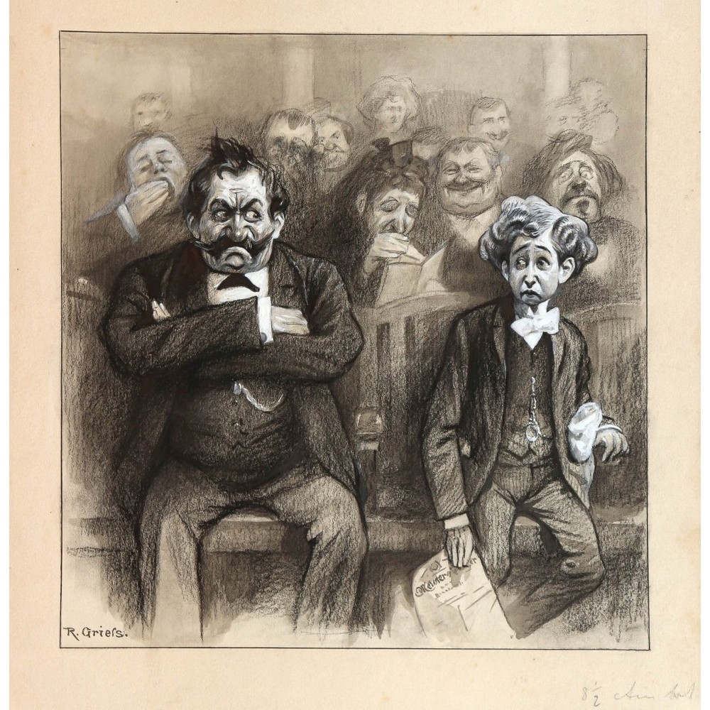 Artwork by Rudolf Griess, Korpulenter Herr mit Schnauzbart und junger verängstigter Mann, Made of charcoal and white heightening on firm beige paper