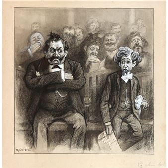 Korpulenter Herr mit Schnauzbart und junger verängstigter Mann - Rudolf Griess