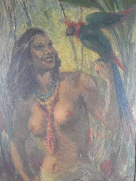 Artwork by L. Beranoff, Woman with parrot, Made of oil on cardboard