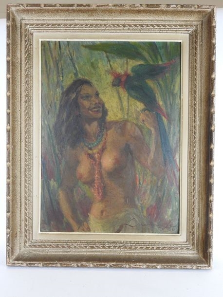 Artwork by L. Beranoff, Woman with parrot, Made of oil on cardboard