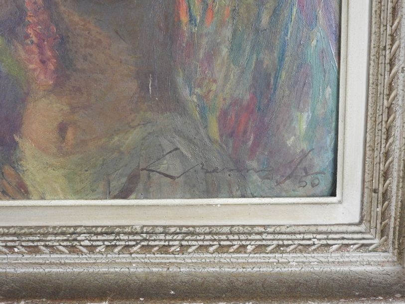 Artwork by L. Beranoff, Woman with parrot, Made of oil on cardboard