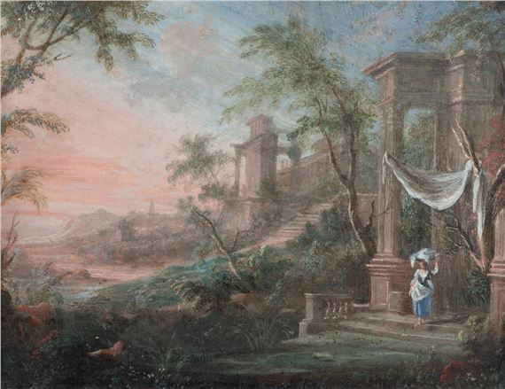 A landscape with antique ruins and a washerwoman by Pierre Antoine Patel