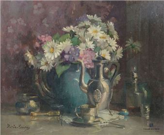 Still life with bouquet of daisies and silver coffee pot - Jane Nérée-Gautier
