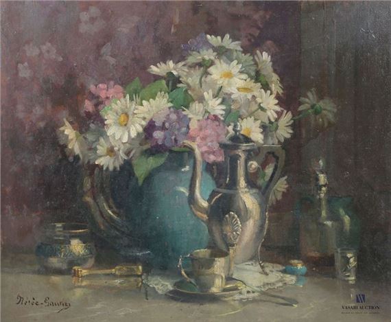 Still life with bouquet of daisies and silver coffee pot - Jane Nérée-Gautier
