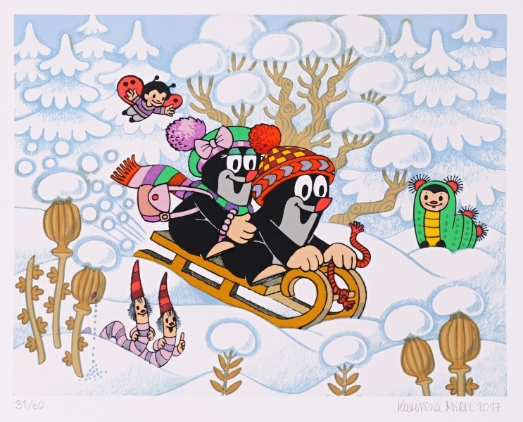 Artwork by Kateřina Miler, Krtek s Krtečkovou sáňkují, Made of lithograph