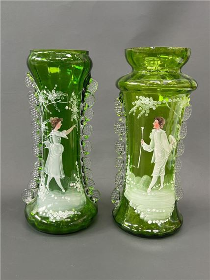 2 GREEN GLASS MARY GREGORY STYLE VASES - 27.8 & 27CM (H) by Mary Gregory