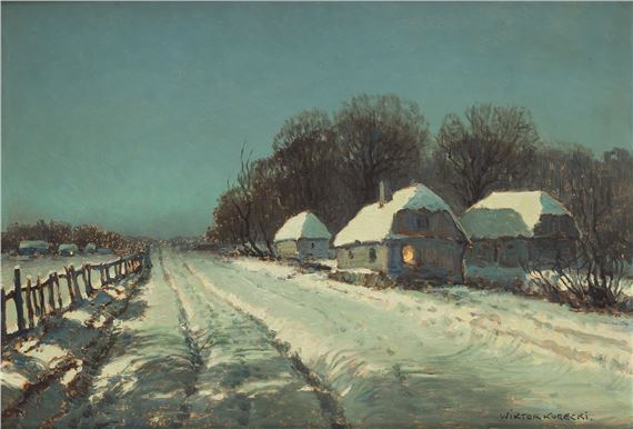 Winter evening in the village by Wiktor Korecki