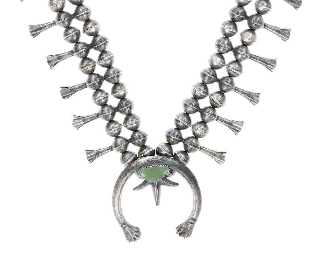 Artwork by Gerald Mitchell, Navajo Gerald Mitchell Squash Necklace & Earrings, Made of sterling silver