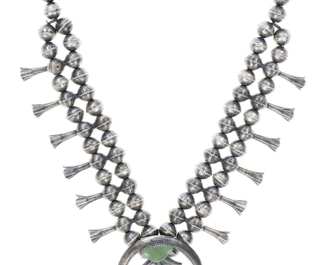 Artwork by Gerald Mitchell, Navajo Gerald Mitchell Squash Necklace & Earrings, Made of sterling silver