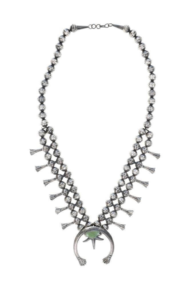 Artwork by Gerald Mitchell, Navajo Gerald Mitchell Squash Necklace & Earrings, Made of sterling silver