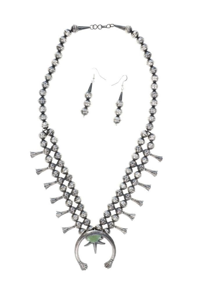 Artwork by Gerald Mitchell, Navajo Gerald Mitchell Squash Necklace & Earrings, Made of sterling silver