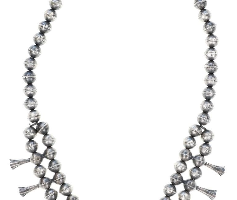 Artwork by Gerald Mitchell, Navajo Gerald Mitchell Squash Necklace & Earrings, Made of sterling silver